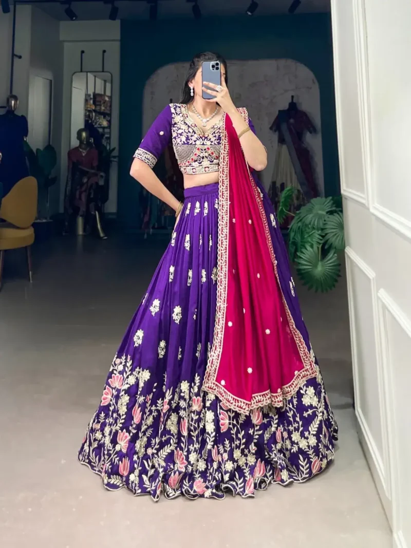 Vichitra Silk Sequins and Thread Embroidery Work Halfsaree Bridesmaid Lehenga