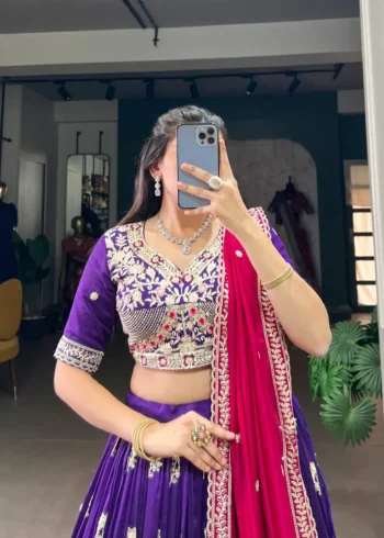 Vichitra Silk Sequins and Thread Embroidery Work Halfsaree Bridesmaid Lehenga