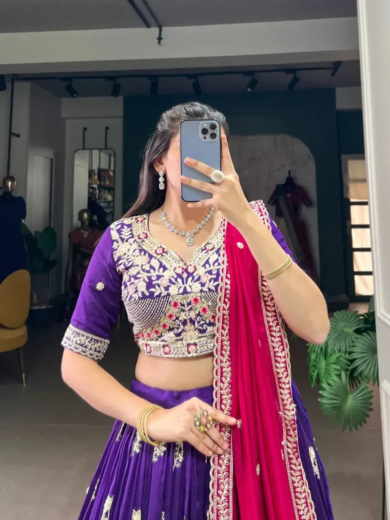 Vichitra Silk Sequins and Thread Embroidery Work Halfsaree Bridesmaid Lehenga