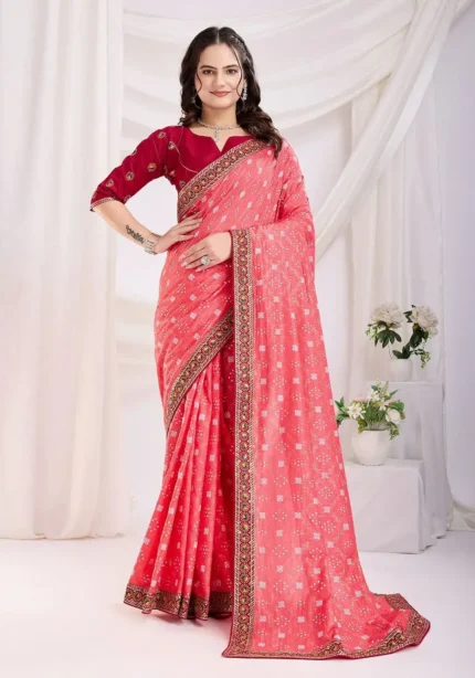 Wedding Wear Vichitra Silk Bandhani Printed Saree