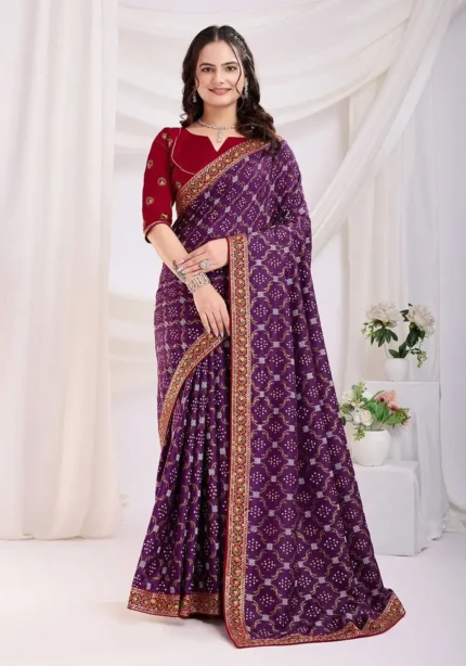 Wedding Wear Vichitra Silk Bandhani Printed Saree