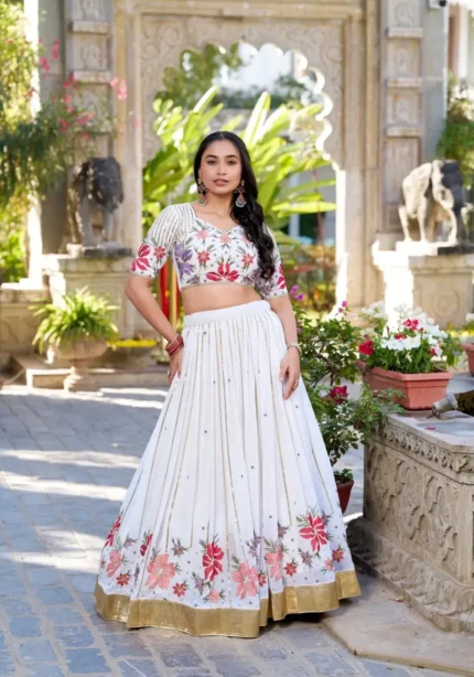 White Sequins & Thread Embroidered Georgette Lehenga Choli