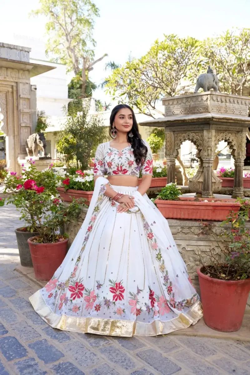 White Sequins & Thread Embroidered Georgette Lehenga Choli