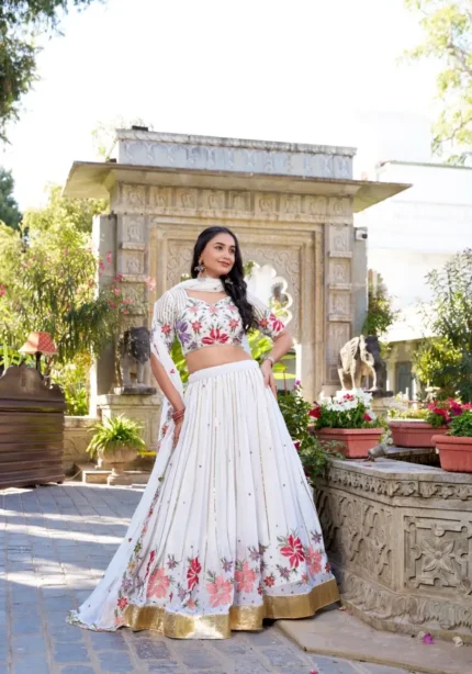 White Sequins & Thread Embroidered Georgette Lehenga Choli