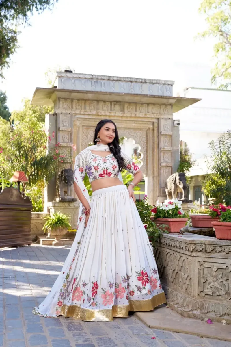 White Sequins & Thread Embroidered Georgette Lehenga Choli