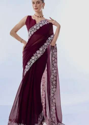 Wine Color Sequins & Thread Embroidered Designer Party Wear Saree
