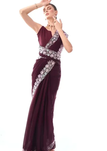 Wine Color Sequins & Thread Embroidered Designer Party Wear Saree