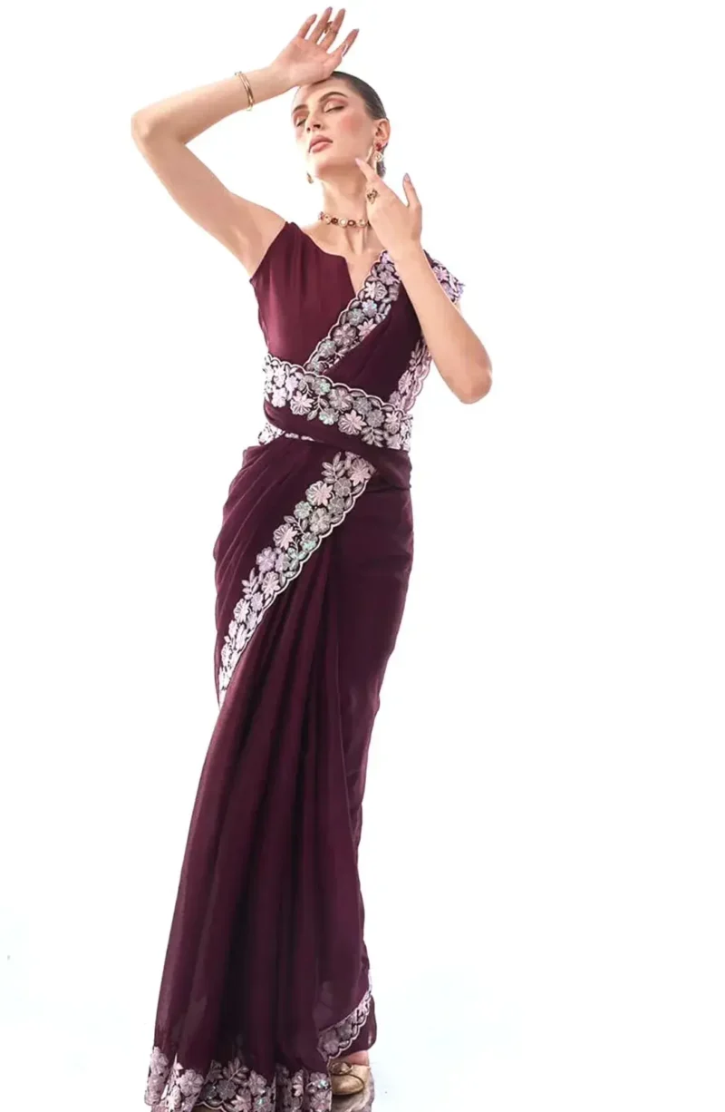 Wine Color Sequins & Thread Embroidered Designer Party Wear Saree