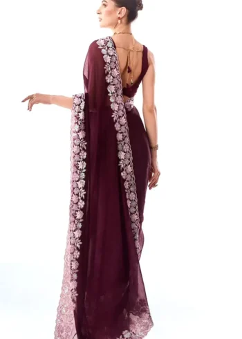 Wine Color Sequins & Thread Embroidered Designer Party Wear Saree