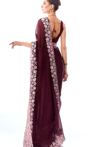 Wine Color Sequins & Thread Embroidered Designer Party Wear Saree