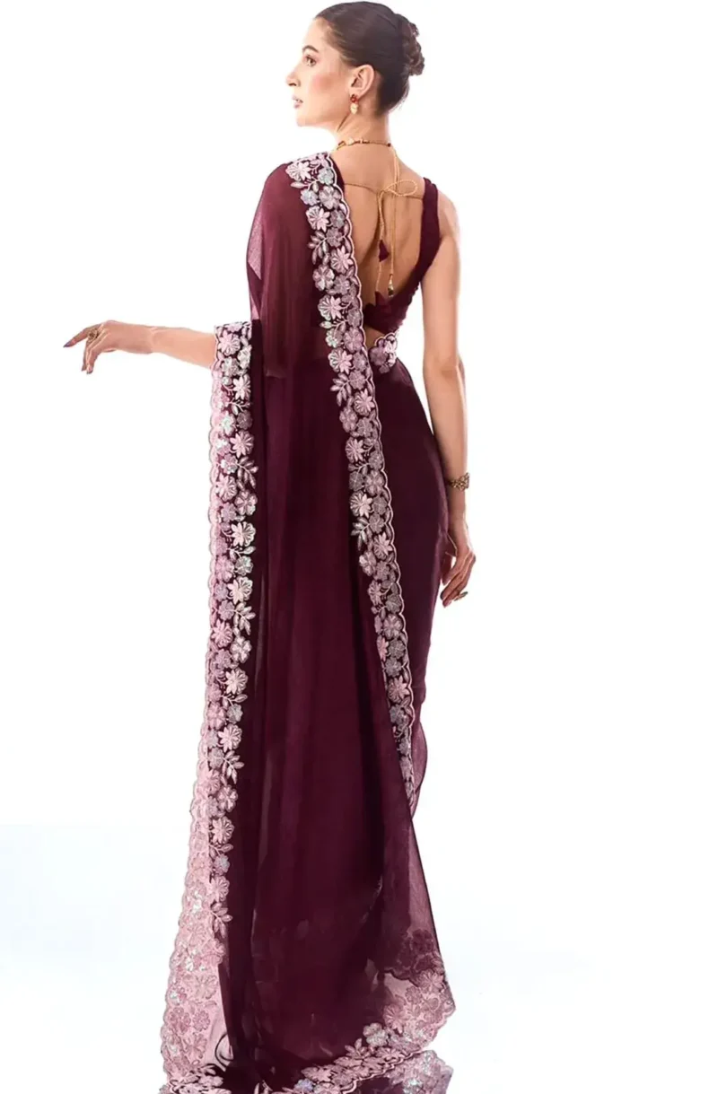 Wine Color Sequins & Thread Embroidered Designer Party Wear Saree