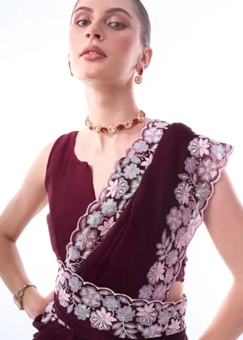 Wine Color Sequins & Thread Embroidered Designer Party Wear Saree
