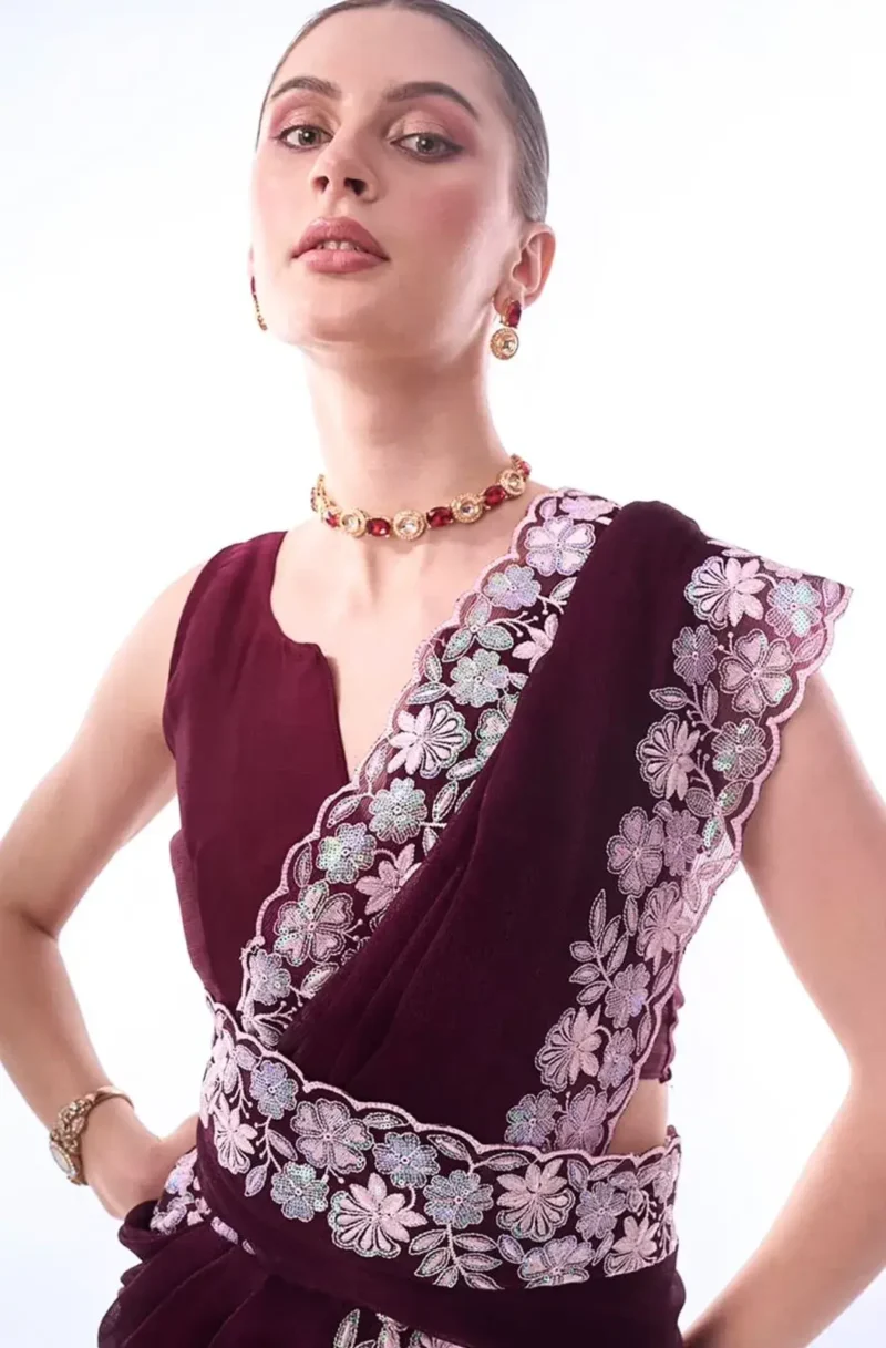 Wine Color Sequins & Thread Embroidered Designer Party Wear Saree