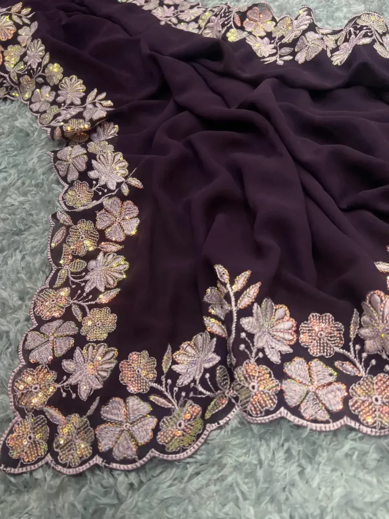 Wine Color Sequins & Thread Embroidered Designer Party Wear Saree