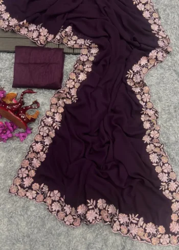 Wine Color Sequins & Thread Embroidered Designer Party Wear Saree