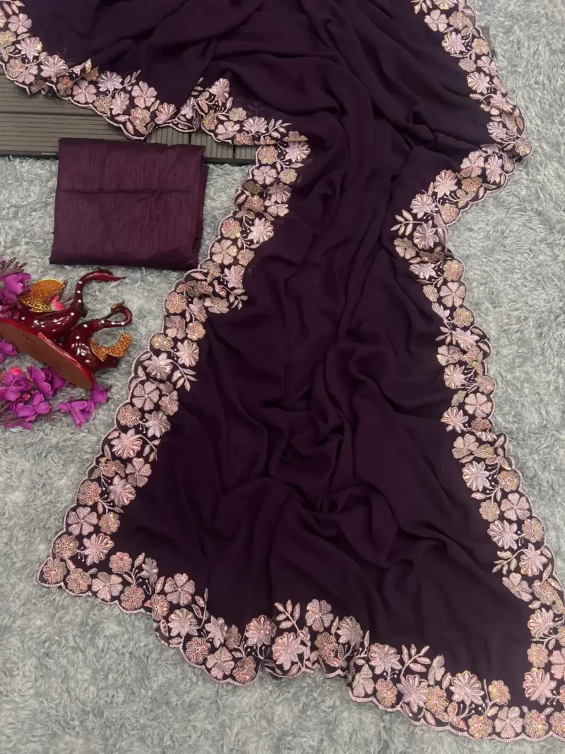 Wine Color Sequins & Thread Embroidered Designer Party Wear Saree