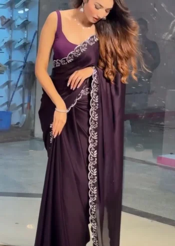Wine Color Siroski Diamond Work Party Wear Saree