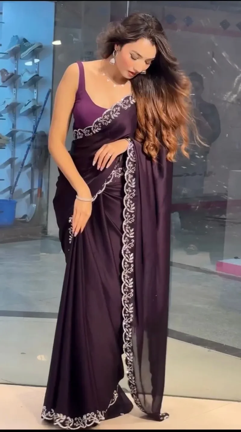 Wine Color Siroski Diamond Work Party Wear Saree