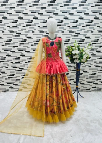 Yellow Color Hand Brush Print Work Designer Kids Lehenga Choli
