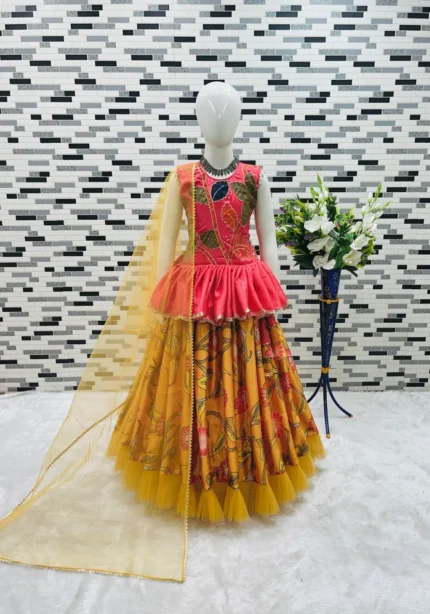 Yellow Color Hand Brush Print Work Designer Kids Lehenga Choli