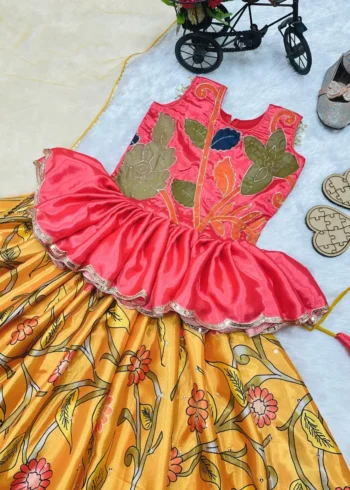 Yellow Color Hand Brush Print Work Designer Kids Lehenga Choli