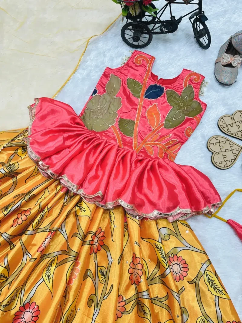 Yellow Color Hand Brush Print Work Designer Kids Lehenga Choli