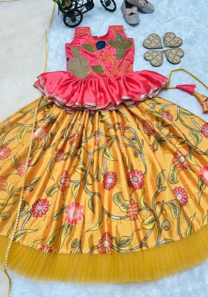 Yellow Color Hand Brush Print Work Designer Kids Lehenga Choli