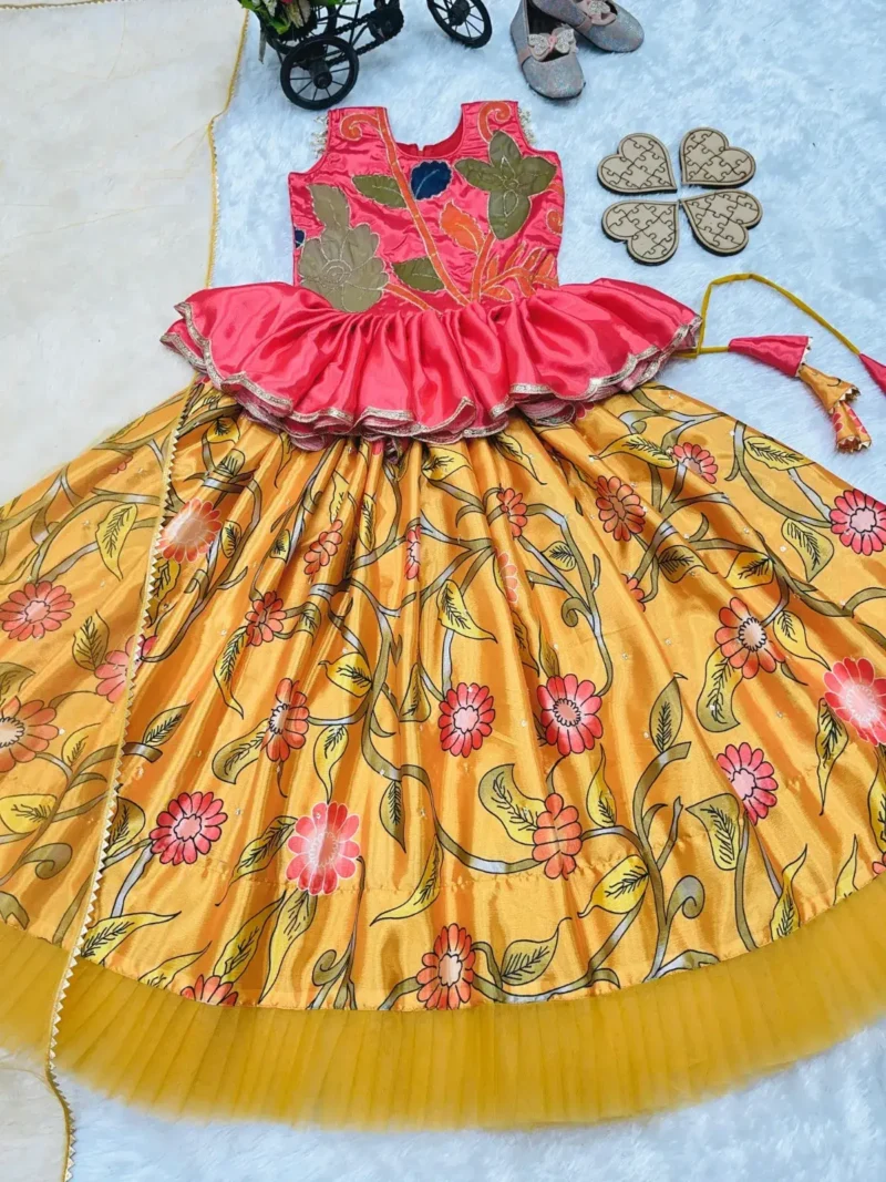 Yellow Color Hand Brush Print Work Designer Kids Lehenga Choli