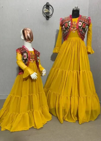 yellow Color Faux Georgette Sequins Embroidered Mother & Daughter Gown