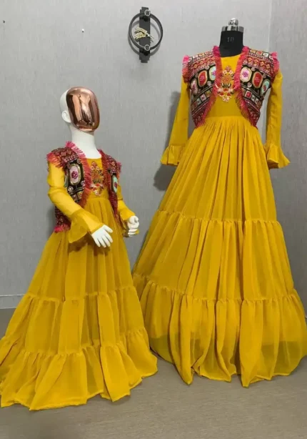 yellow Color Faux Georgette Sequins Embroidered Mother & Daughter Gown