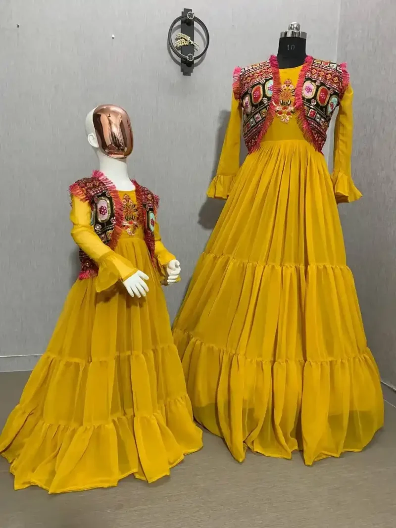 yellow Color Faux Georgette Sequins Embroidered Mother & Daughter Gown