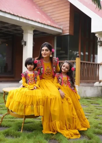 yellow Color Faux Georgette Sequins Embroidered Mother & Daughter Gown