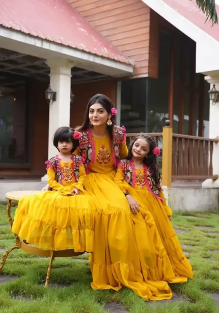 yellow Color Faux Georgette Sequins Embroidered Mother & Daughter Gown