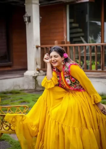 yellow Color Faux Georgette Sequins Embroidered Mother & Daughter Gown
