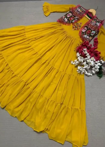 yellow Color Faux Georgette Sequins Embroidered Mother & Daughter Gown