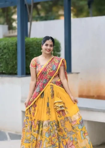 Yellow Colour Kalamkari Printed Cotton Lehenga Choli