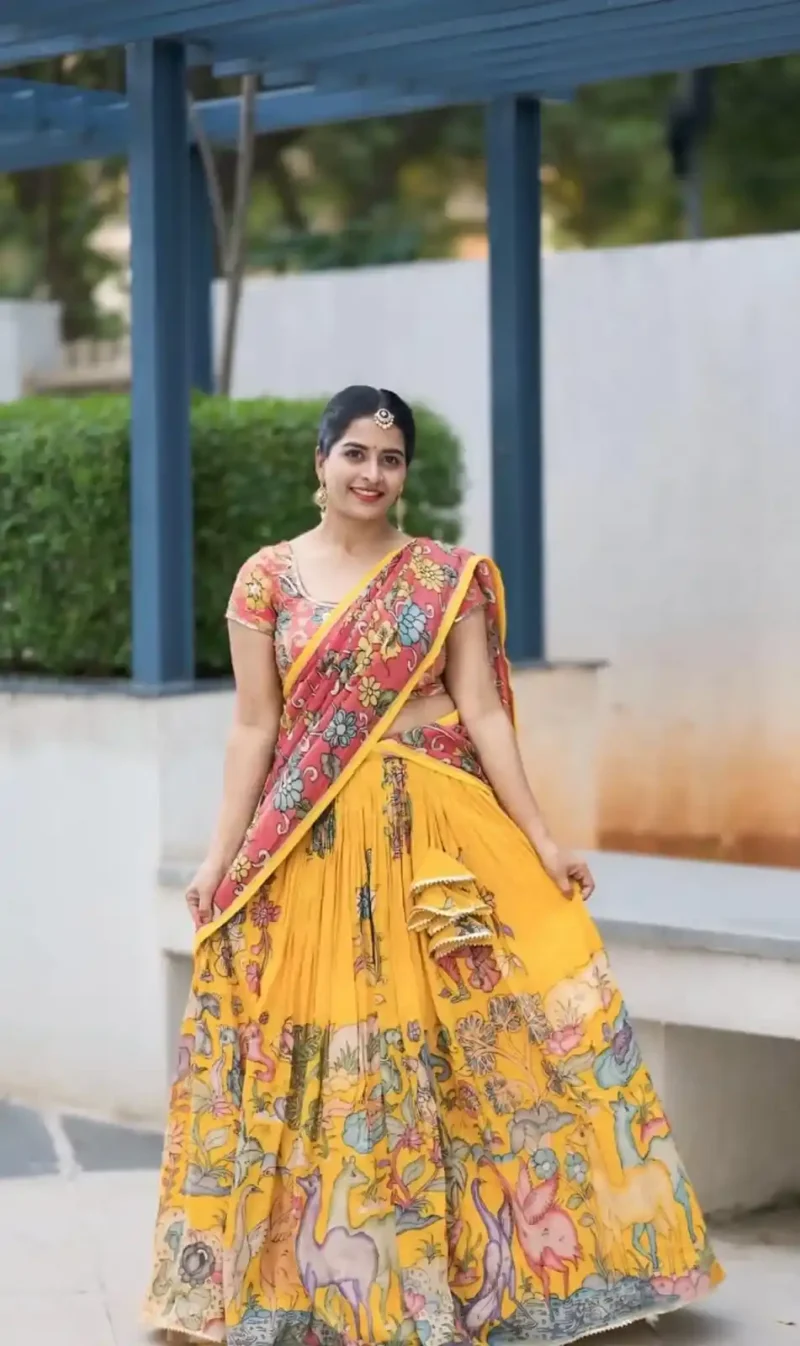 Yellow Colour Kalamkari Printed Cotton Lehenga Choli