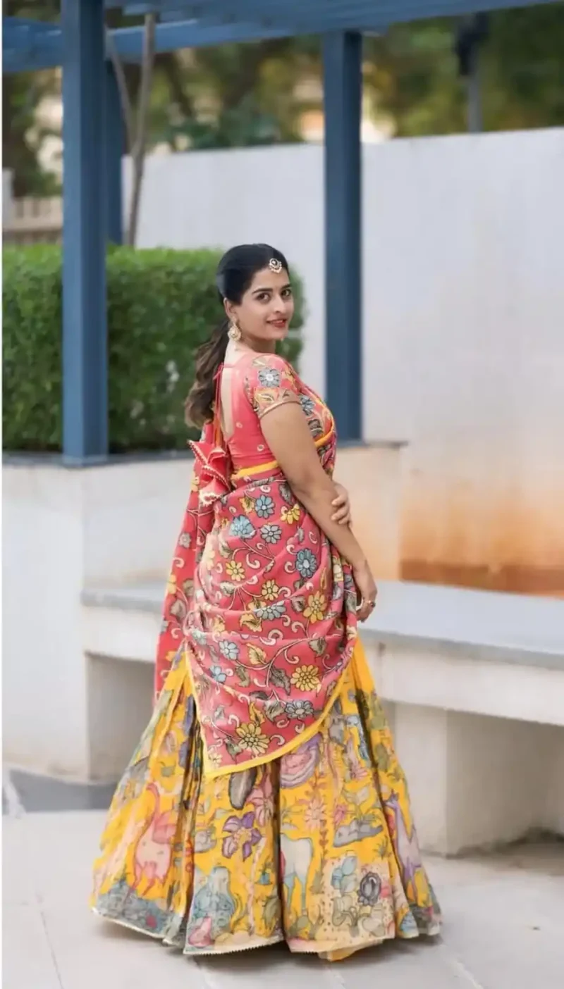 Yellow Colour Kalamkari Printed Cotton Lehenga Choli