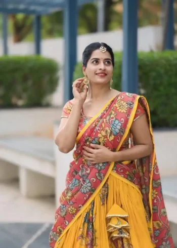 Yellow Colour Kalamkari Printed Cotton Lehenga Choli