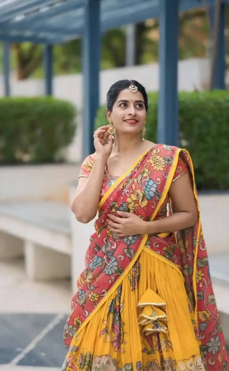 Yellow Colour Kalamkari Printed Cotton Lehenga Choli