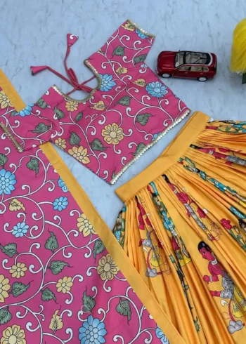 Yellow Colour Kalamkari Printed Cotton Lehenga Choli