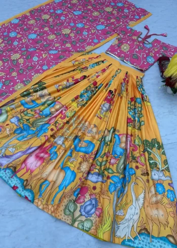 Yellow Colour Kalamkari Printed Cotton Lehenga Choli