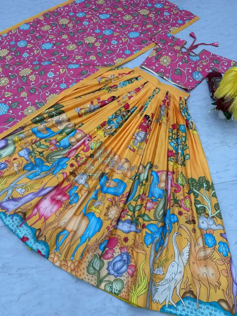 Yellow Colour Kalamkari Printed Cotton Lehenga Choli