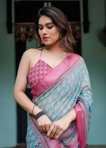 Aqua Green Pink Floral Printed Linen Saree