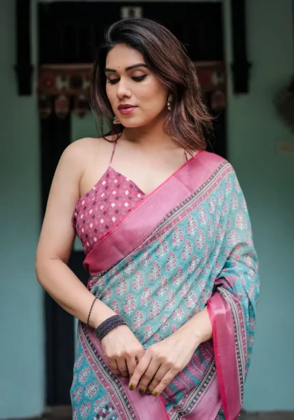 Aqua Green Pink Floral Printed Linen Saree