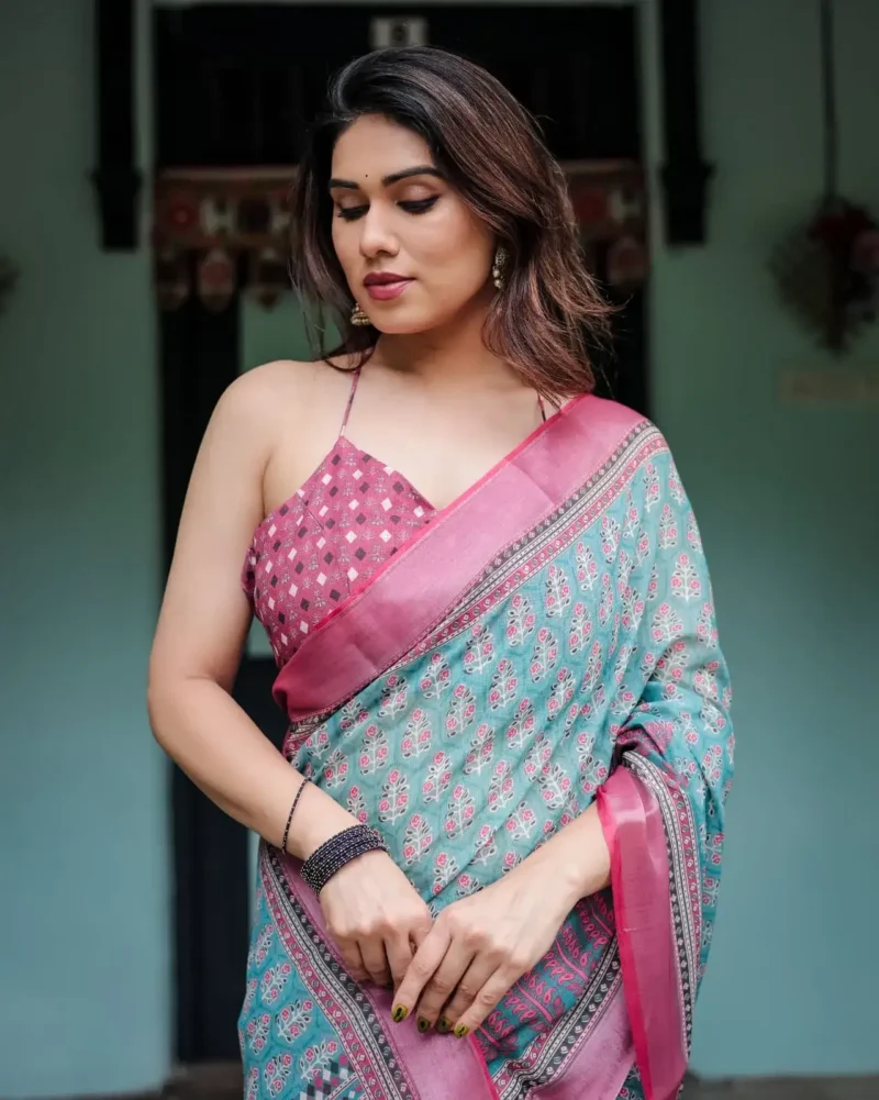 Aqua Green Pink Floral Printed Linen Saree