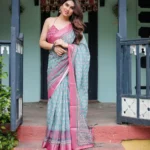 Aqua Green Pink Floral Printed Linen Saree