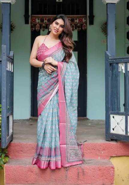 Aqua Green Pink Floral Printed Linen Saree