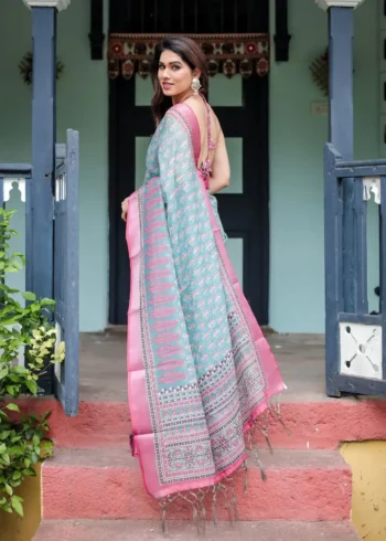 Aqua Green Pink Floral Printed Linen Saree