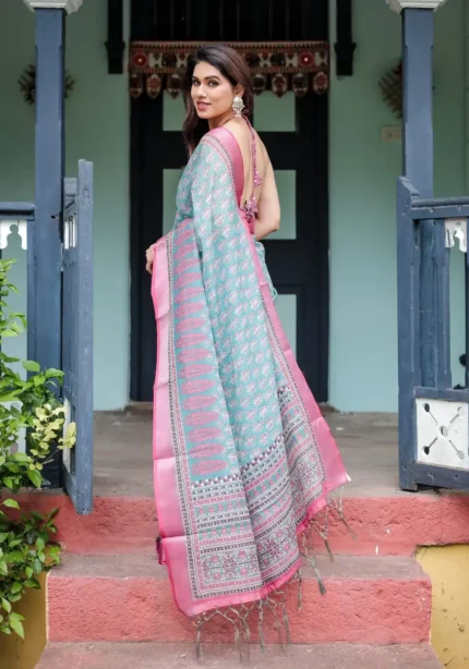 Aqua Green Pink Floral Printed Linen Saree